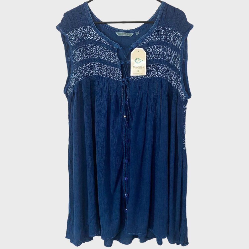 Anandas Collection Smocked Sleeveless Button-Up Tunic Top Womens Medium Boho New